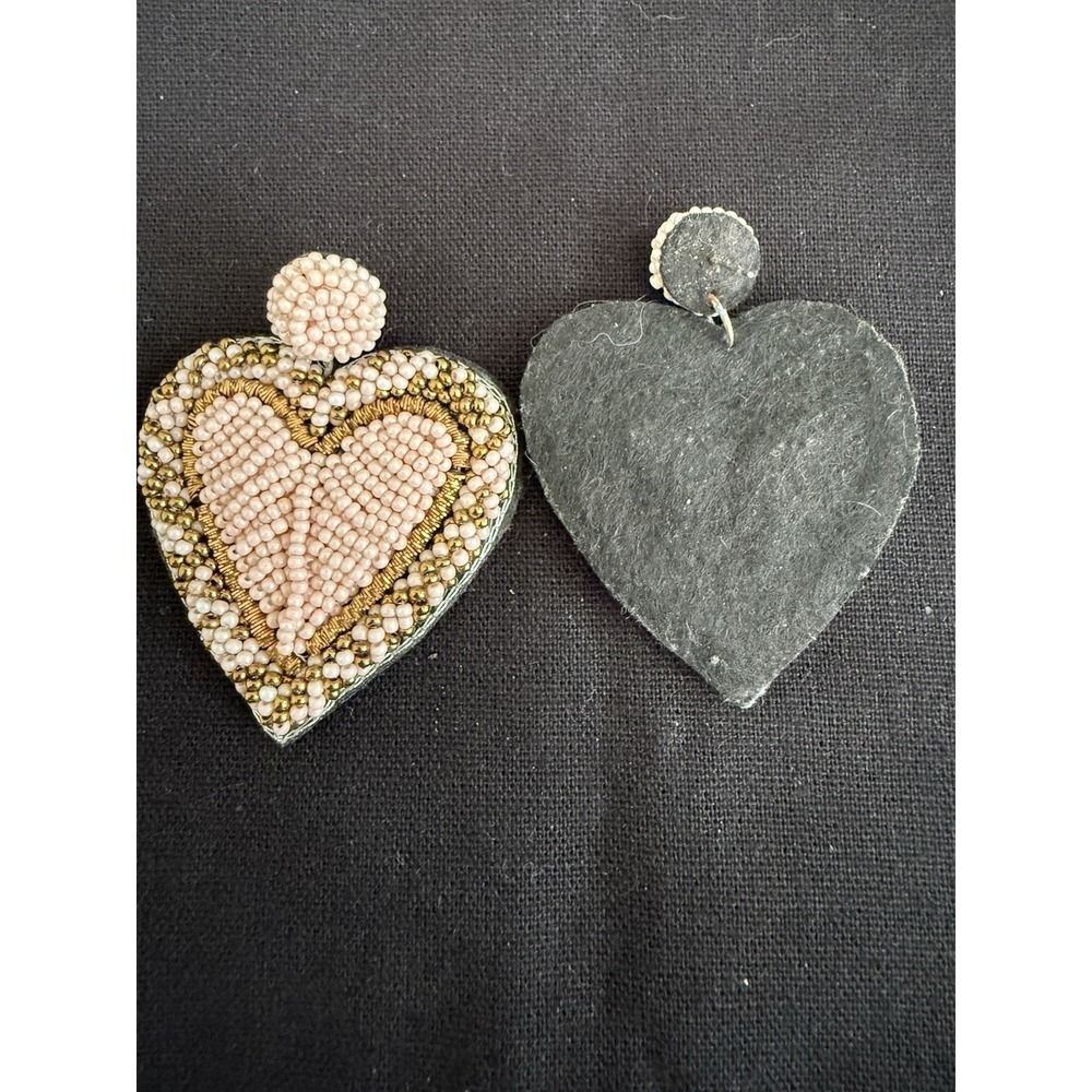Antique Handcrafted Beaded Heart Dangle Earrings Pink Gold White Fabric Post - Picture 3 of 5